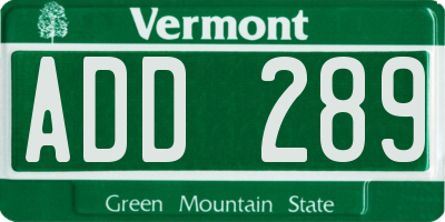 VT license plate ADD289