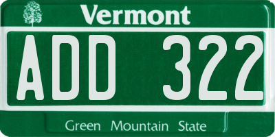 VT license plate ADD322