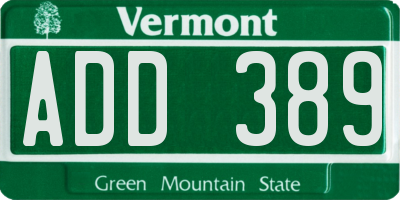VT license plate ADD389
