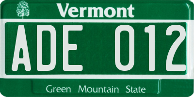VT license plate ADE012