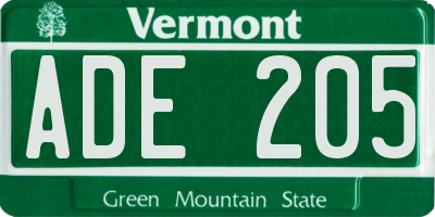 VT license plate ADE205