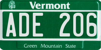 VT license plate ADE206
