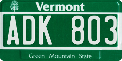 VT license plate ADK803