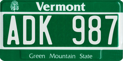 VT license plate ADK987