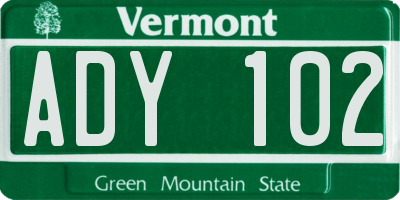VT license plate ADY102