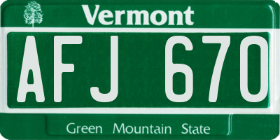 VT license plate AFJ670