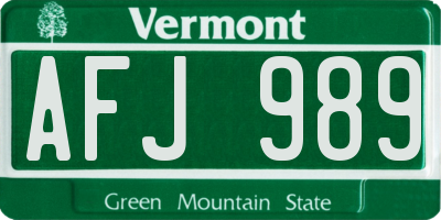 VT license plate AFJ989