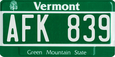 VT license plate AFK839