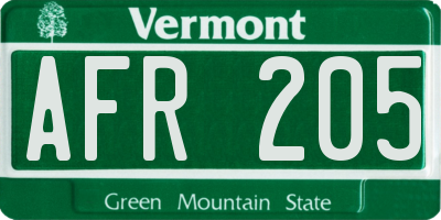 VT license plate AFR205