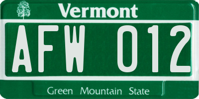 VT license plate AFW012