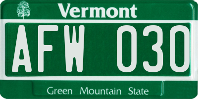VT license plate AFW030