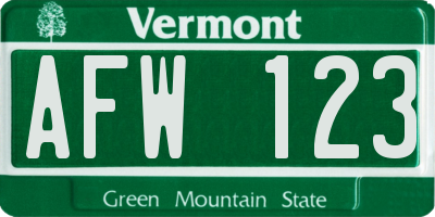 VT license plate AFW123