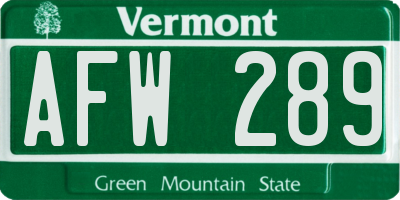 VT license plate AFW289