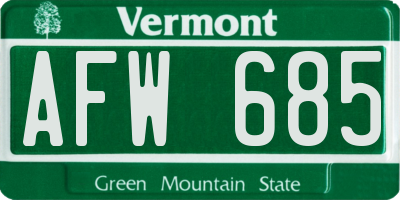 VT license plate AFW685