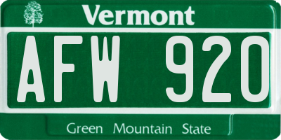 VT license plate AFW920