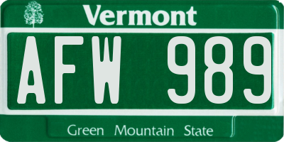 VT license plate AFW989