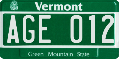 VT license plate AGE012