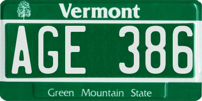 VT license plate AGE386