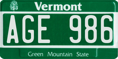 VT license plate AGE986