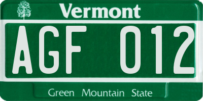 VT license plate AGF012