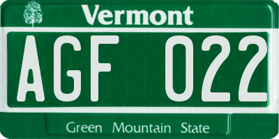 VT license plate AGF022