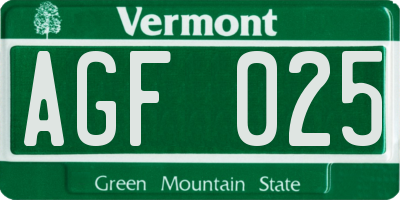 VT license plate AGF025