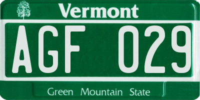 VT license plate AGF029