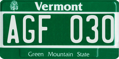 VT license plate AGF030