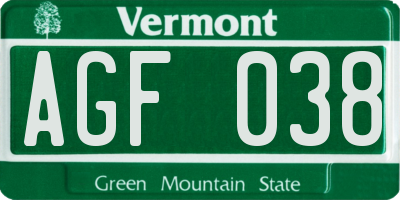 VT license plate AGF038