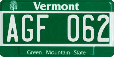VT license plate AGF062