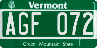 VT license plate AGF072