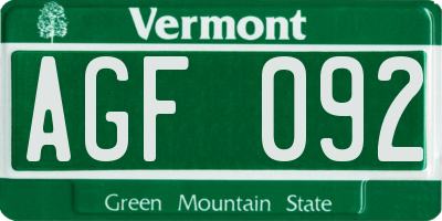 VT license plate AGF092