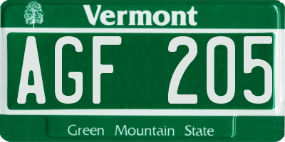 VT license plate AGF205