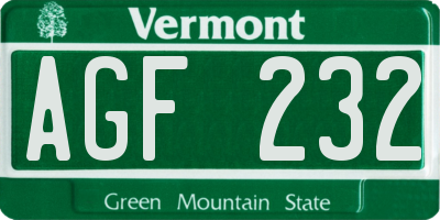 VT license plate AGF232