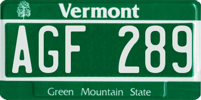 VT license plate AGF289