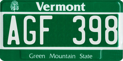 VT license plate AGF398