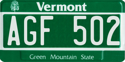 VT license plate AGF502