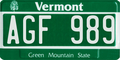 VT license plate AGF989