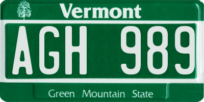 VT license plate AGH989