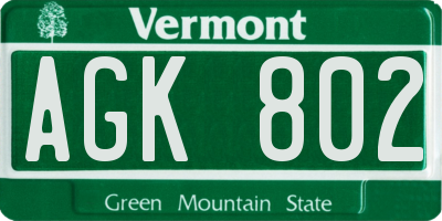 VT license plate AGK802