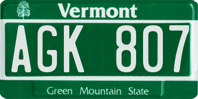 VT license plate AGK807