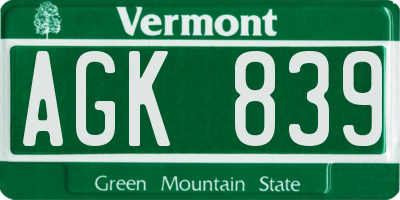 VT license plate AGK839
