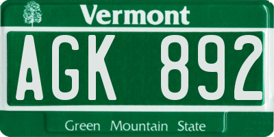 VT license plate AGK892