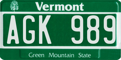 VT license plate AGK989