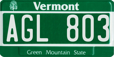 VT license plate AGL803