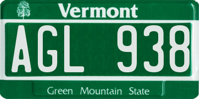 VT license plate AGL938