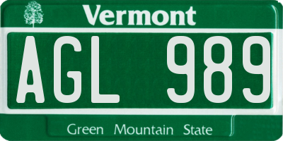 VT license plate AGL989