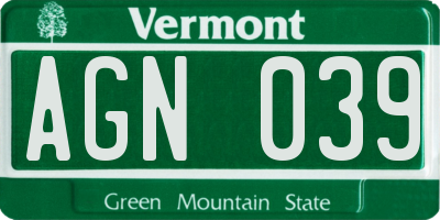 VT license plate AGN039