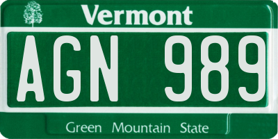 VT license plate AGN989