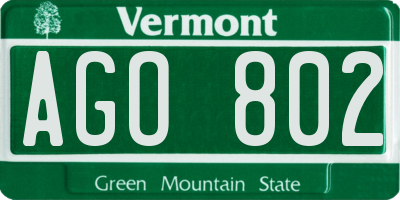 VT license plate AGO802